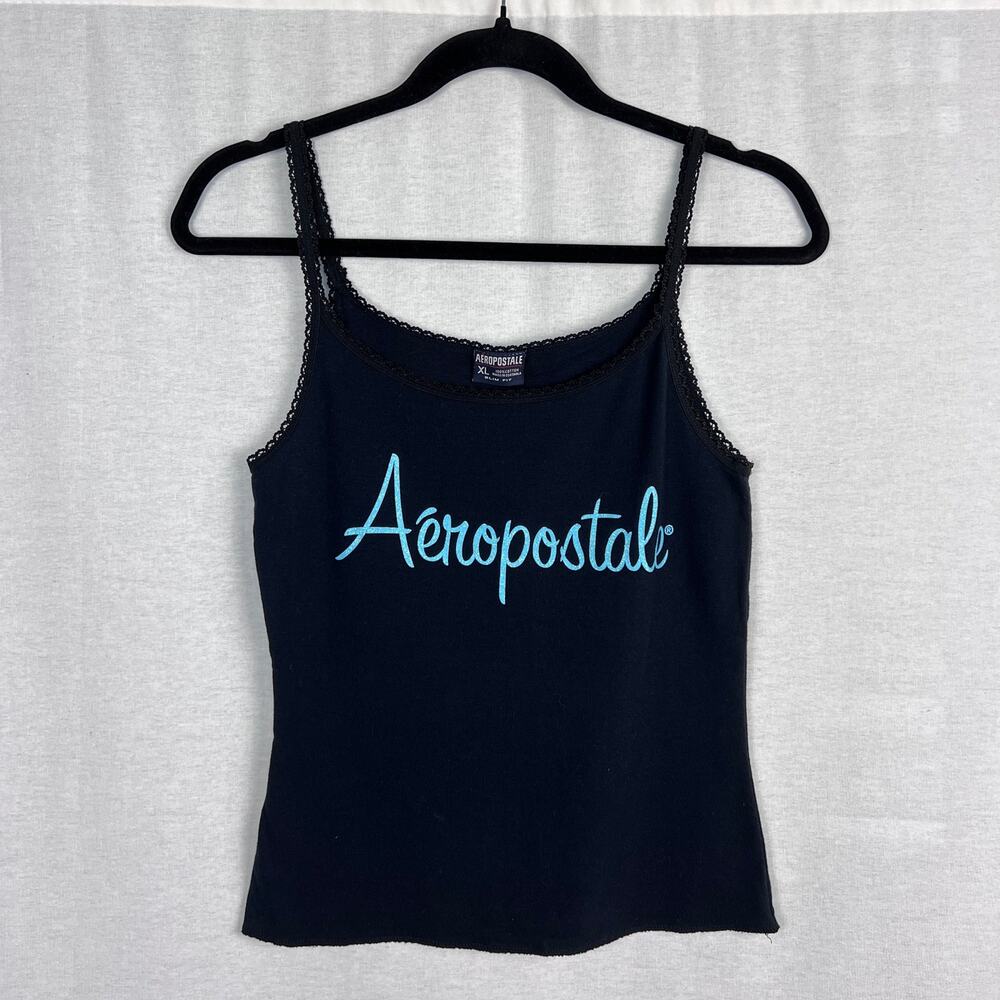 Vintage Y2K Aeropostale Top Lace Trim Logo Cami Black Slim Fit Preppy Baby Tee